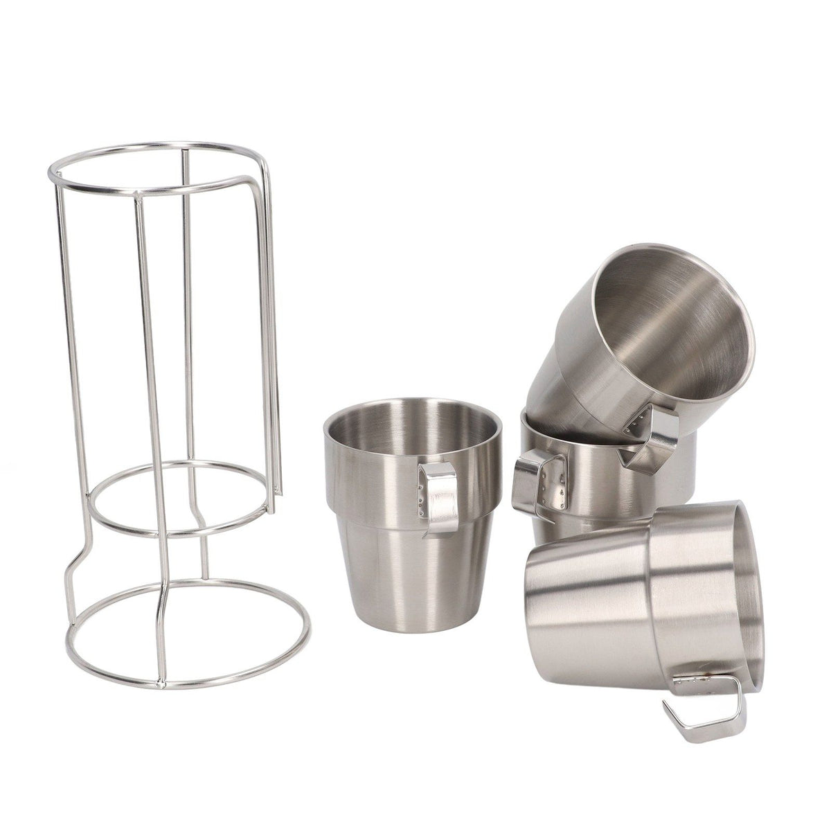 Stainless Steel Camping Cup Set of 4 Double Layer Coffee Mugs with Stand Holder Stackable Outdoor Cups for Picnic