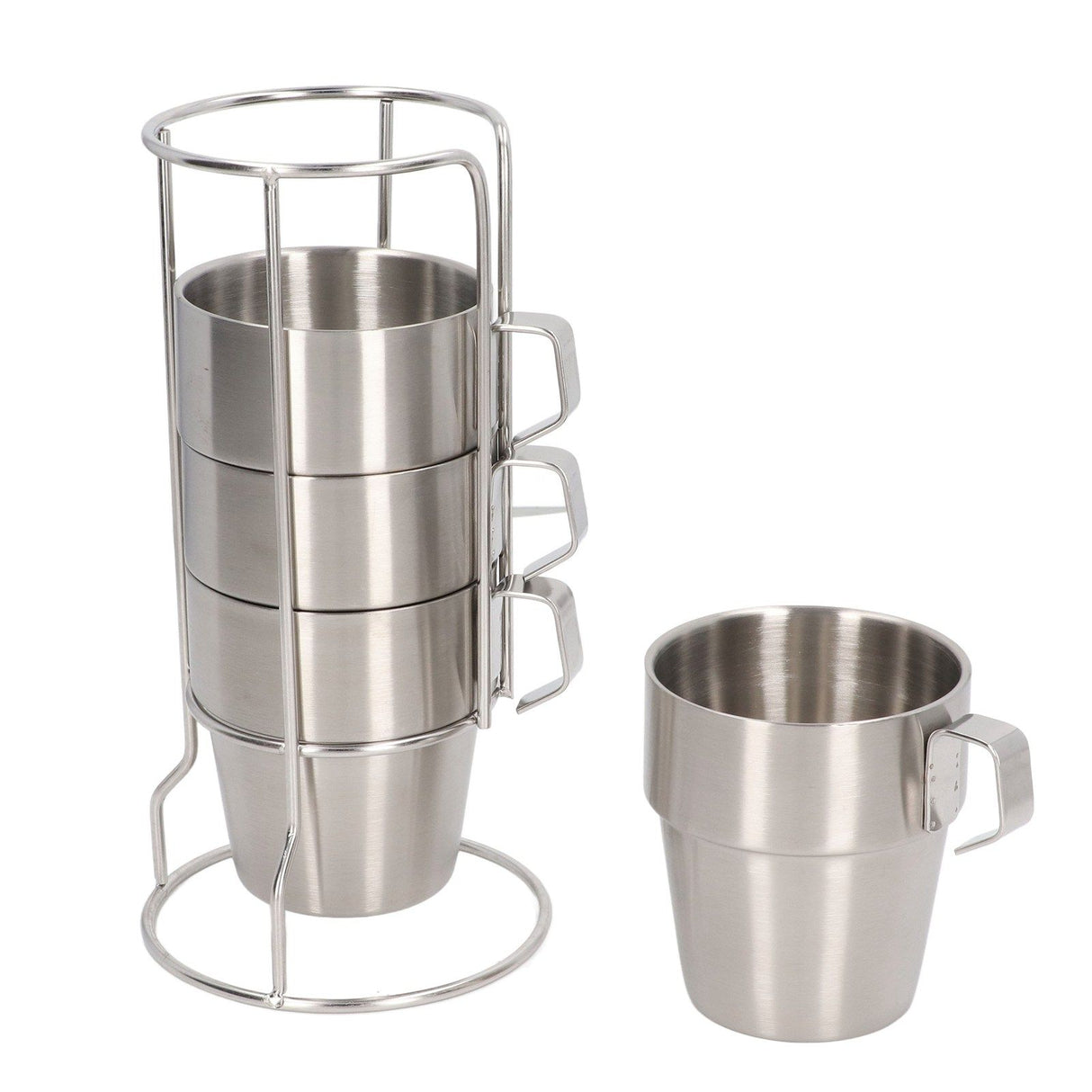 Stainless Steel Camping Cup Set of 4 Double Layer Coffee Mugs with Stand Holder Stackable Outdoor Cups for Picnic