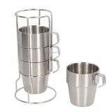 Stainless Steel Camping Cup Set of 4 Double Layer Coffee Mugs with Stand Holder Stackable Outdoor Cups for Picnic - Top-Down View