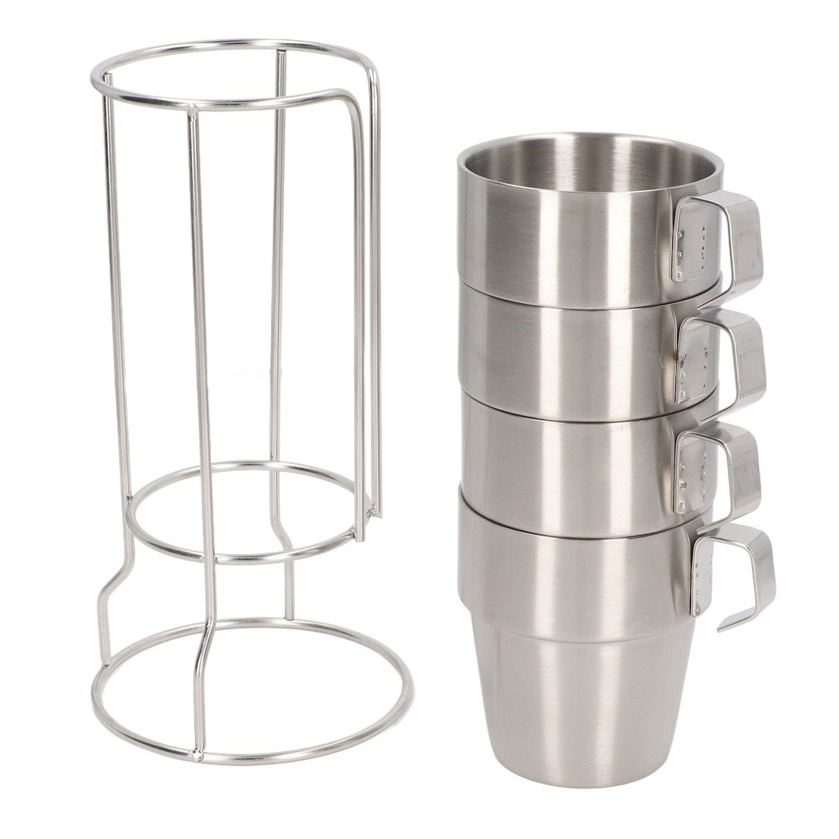Stainless Steel Camping Cup Set of 4 Double Layer Coffee Mugs with Stand Holder Stackable Outdoor Cups for Picnic