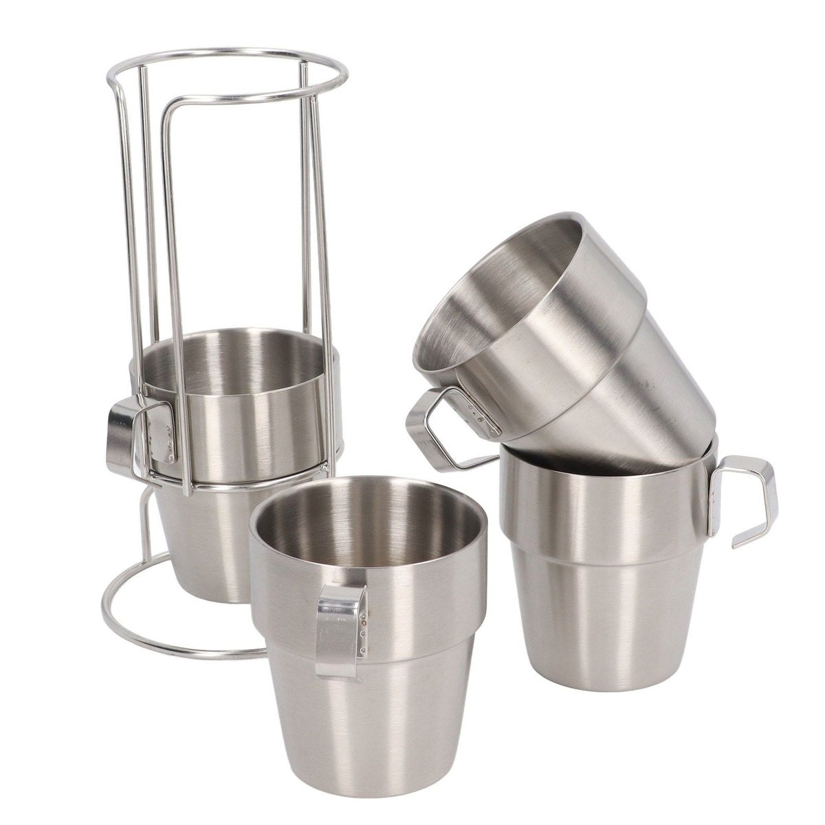 Stainless Steel Camping Cup Set of 4 Double Layer Coffee Mugs with Stand Holder Stackable Outdoor Cups for Picnic