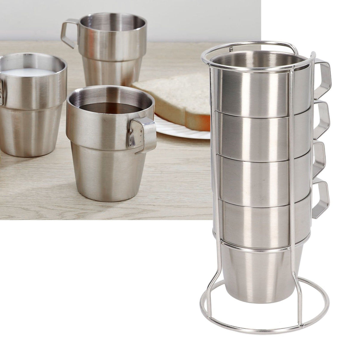 Stainless Steel Camping Cup Set of 4 Double Layer Coffee Mugs with Stand Holder Stackable Outdoor Cups for Picnic