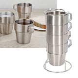 Stainless Steel Camping Cup Set of 4 Double Layer Coffee Mugs with Stand Holder Stackable Outdoor Cups for Picnic