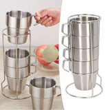 Stainless Steel Camping Cup Set of 4 Double Layer Coffee Mugs with Stand Holder Stackable Outdoor Cups for Picnic - Extra Image
