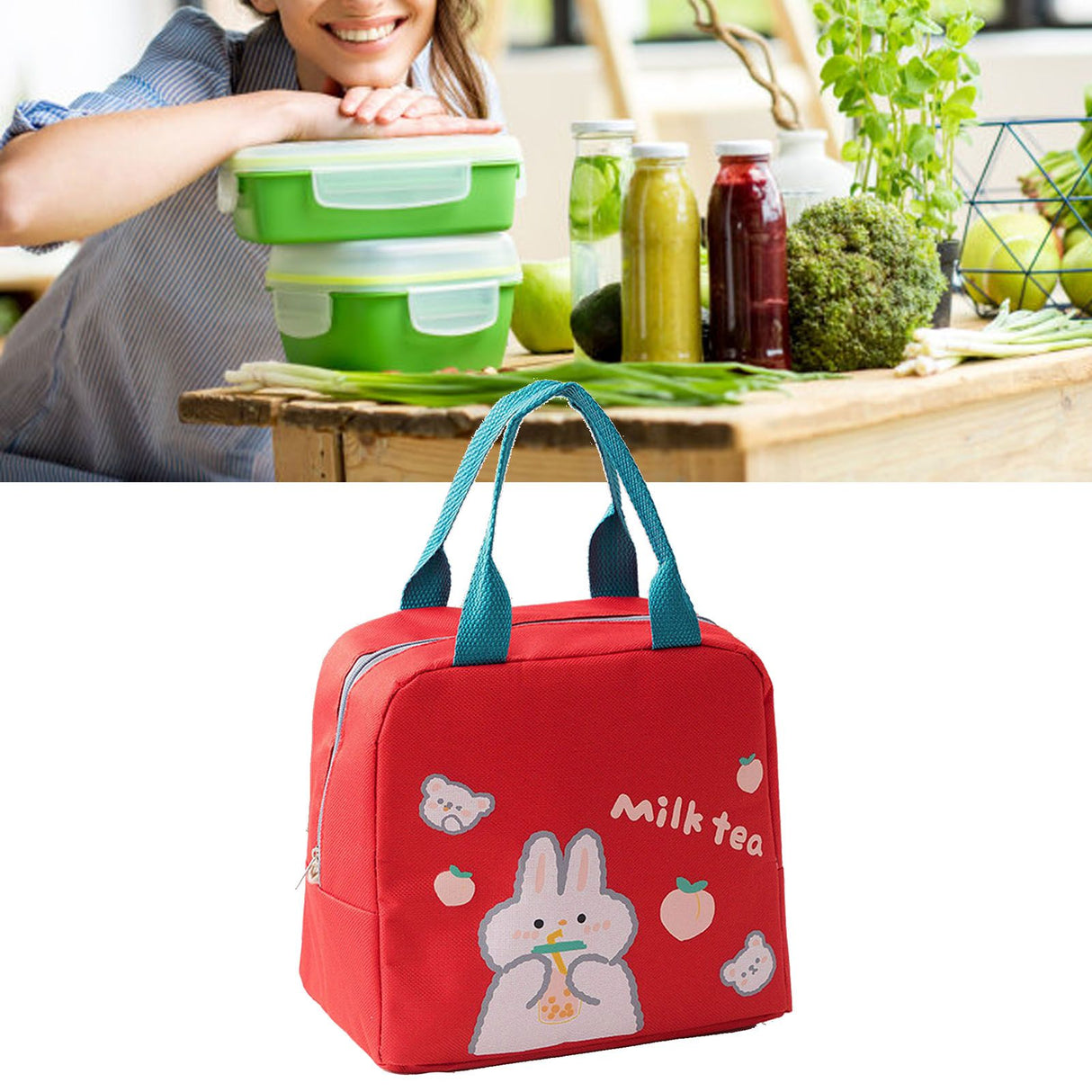Lunch Bag Cartoon Style Zipper Widened Handle Oxford Cloth Aluminum Film Portable Lunchbox Bag for Student Red