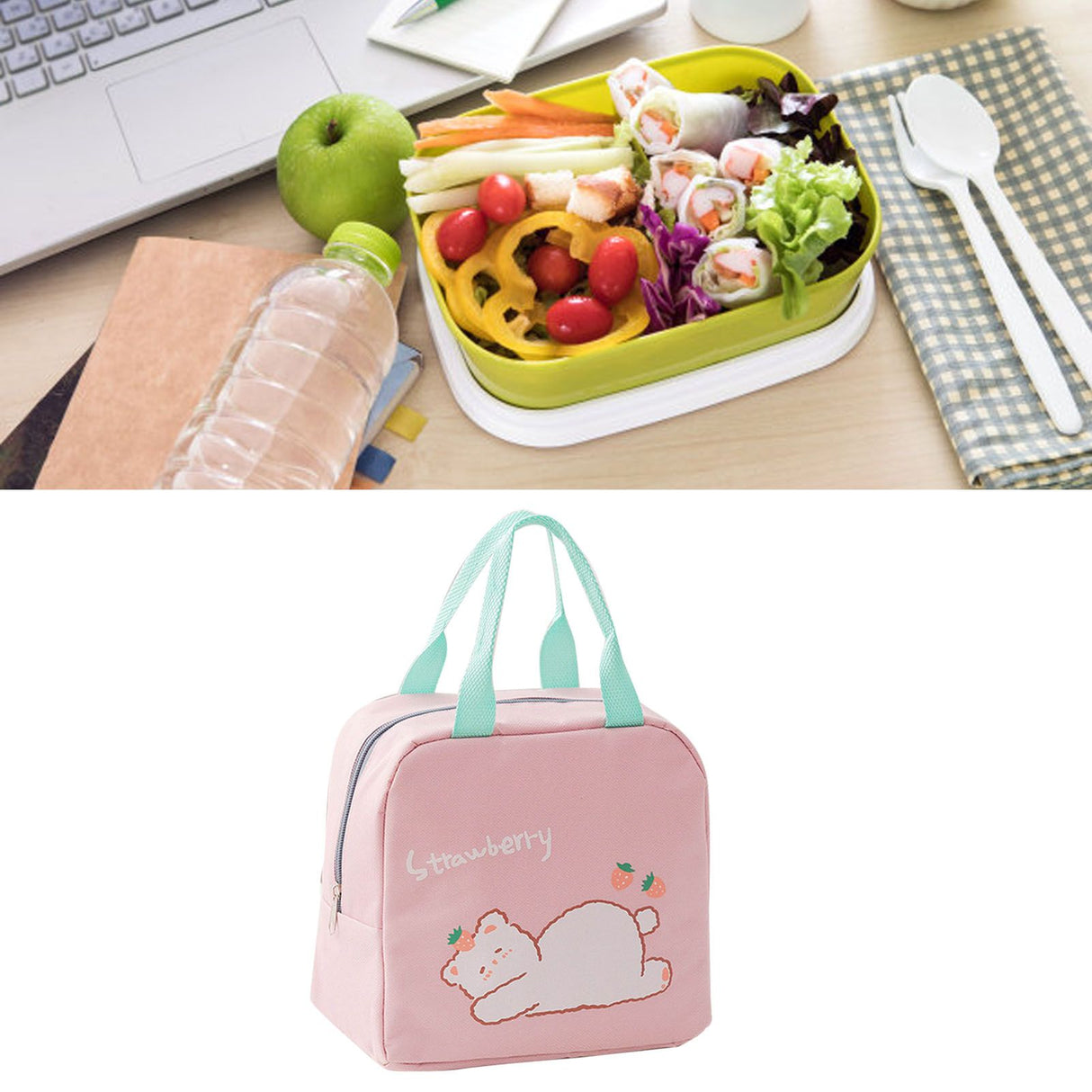 Lunch Bag Cartoon Style Zipper Widened Handle Oxford Cloth Aluminum Film Portable Lunchbox Bag for Student Pink