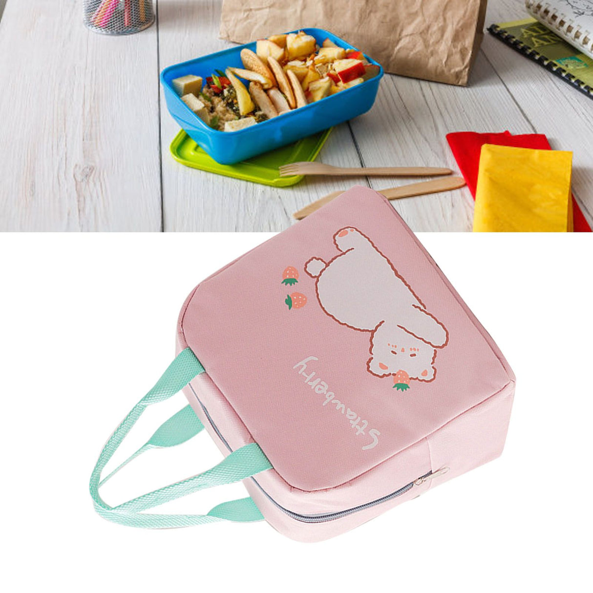 Lunch Bag Cartoon Style Zipper Widened Handle Oxford Cloth Aluminum Film Portable Lunchbox Bag for Student Pink
