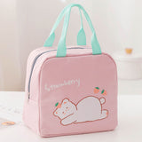 Lunch Bag Cartoon Style Zipper Widened Handle Oxford Cloth Aluminum Film Portable Lunchbox Bag for Student Pink
