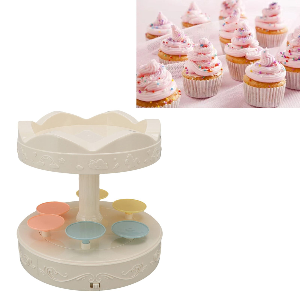 6 Trays 2 Tier Automatic Rotating Dessert Cupcake Display Table Swing Tray with Music for Wedding Birthday Party Supplies Gift