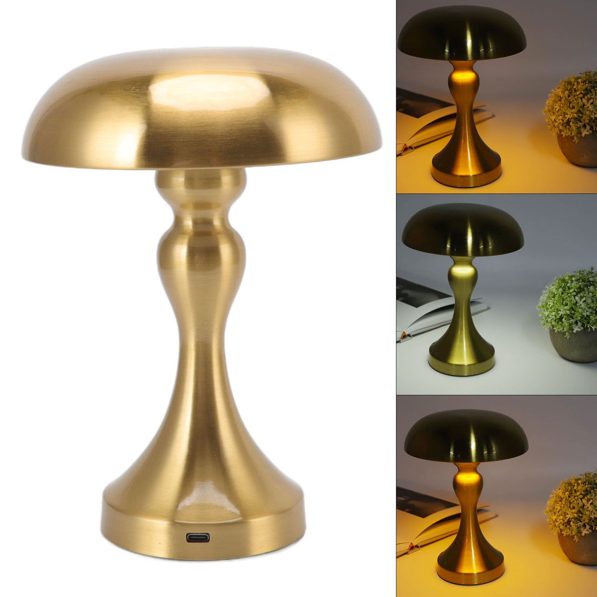Table Lamp Rechargeable Mushroom Shape 3 Speed Color Temperature Touch Stepless Dimming Night Light for Home Gold