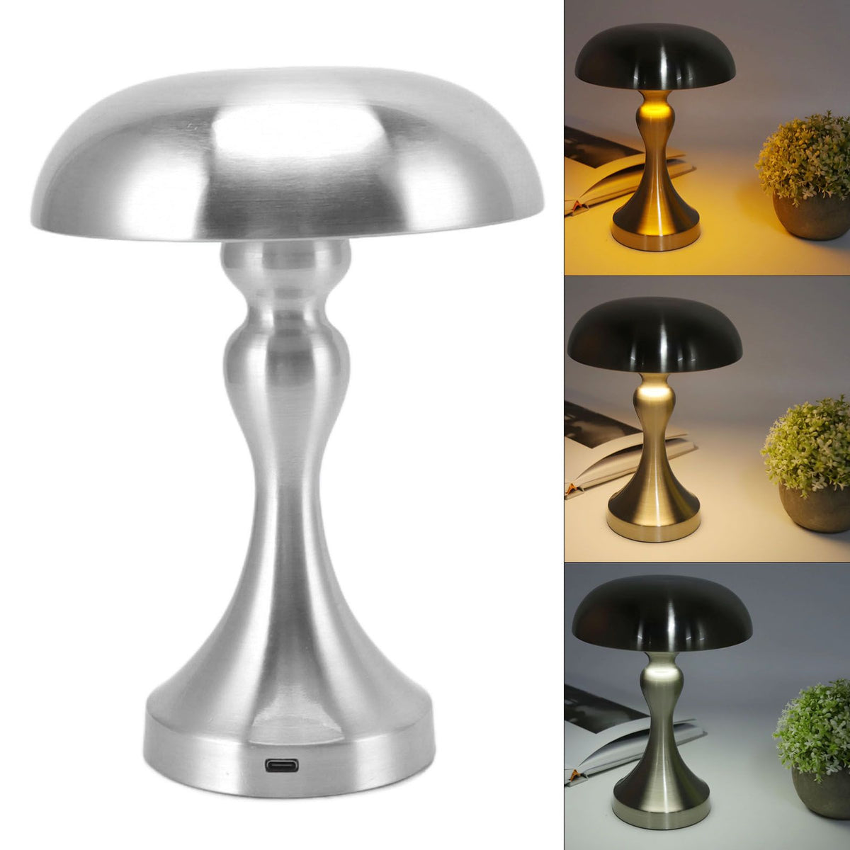 Table Lamp Rechargeable Mushroom Shape 3 Speed Color Temperature Touch Stepless Dimming Night Light for Home Silver