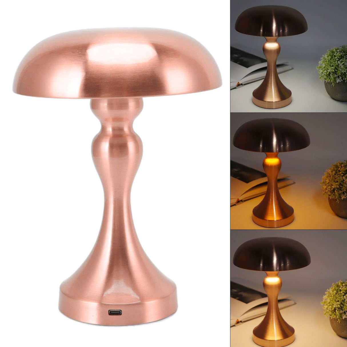 Table Lamp Rechargeable Mushroom Shape 3 Speed Color Temperature Touch Stepless Dimming Night Light for Home Copper