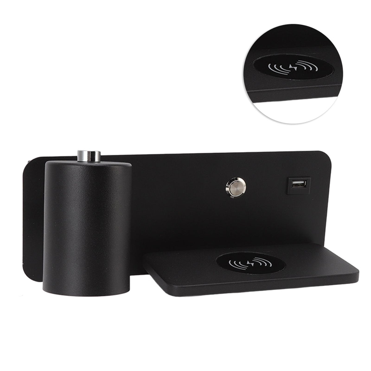 LED Wall Light USB Interface Wireless Charging LED Wall Lamp for Living Room Bedroom 85‑265V Black Left