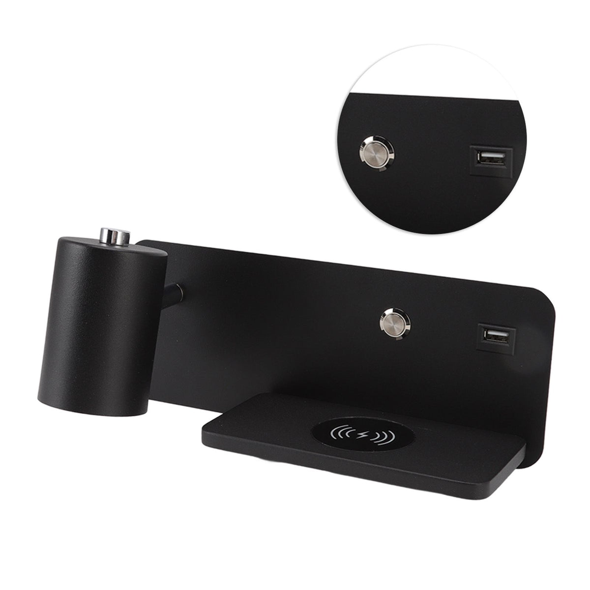LED Wall Light USB Interface Wireless Charging LED Wall Lamp for Living Room Bedroom 85‑265V Black Left