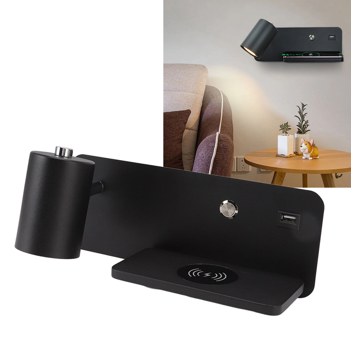 LED Wall Light USB Interface Wireless Charging LED Wall Lamp for Living Room Bedroom 85‑265V Black Left
