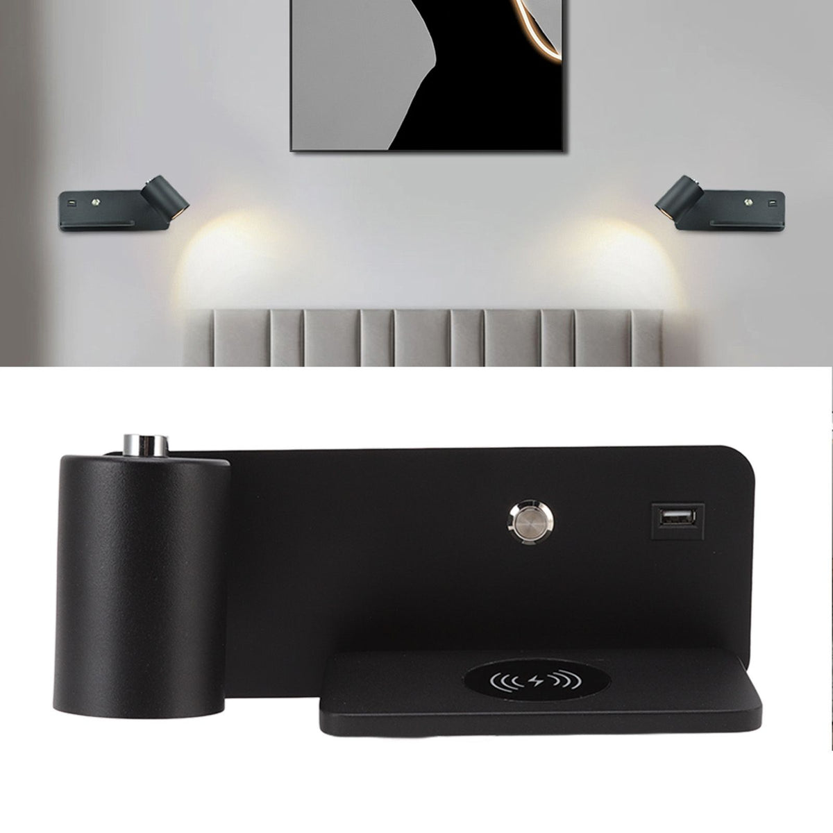 LED Wall Light USB Interface Wireless Charging LED Wall Lamp for Living Room Bedroom 85‑265V Black Left
