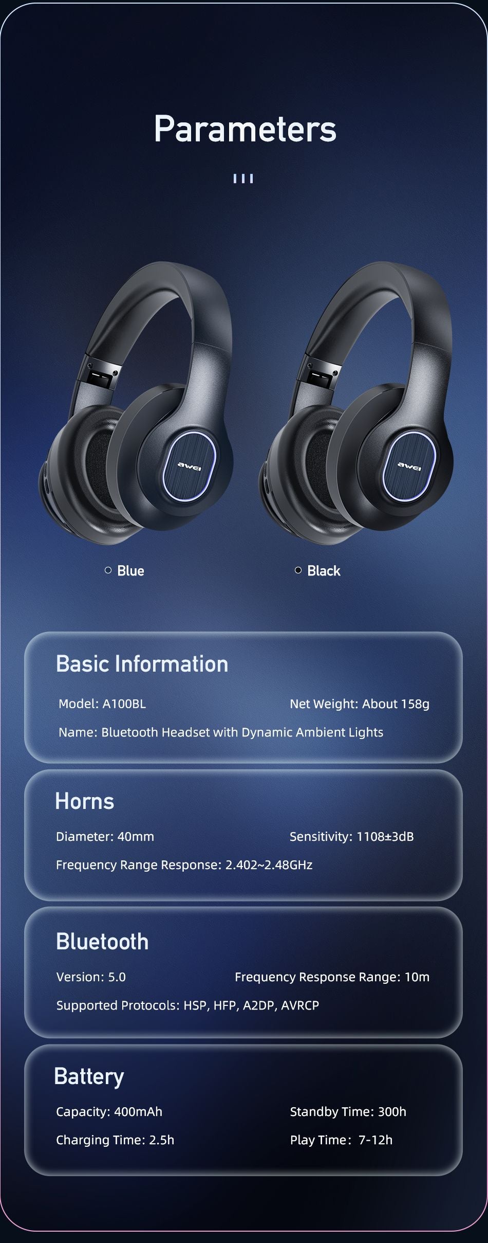 AWEI A100BL Foldable Bluetooth Over‑Ear Headphones, HiFi Stereo，black