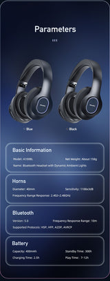 AWEI A100BL Foldable Bluetooth Over‑Ear Headphones, HiFi Stereo，black