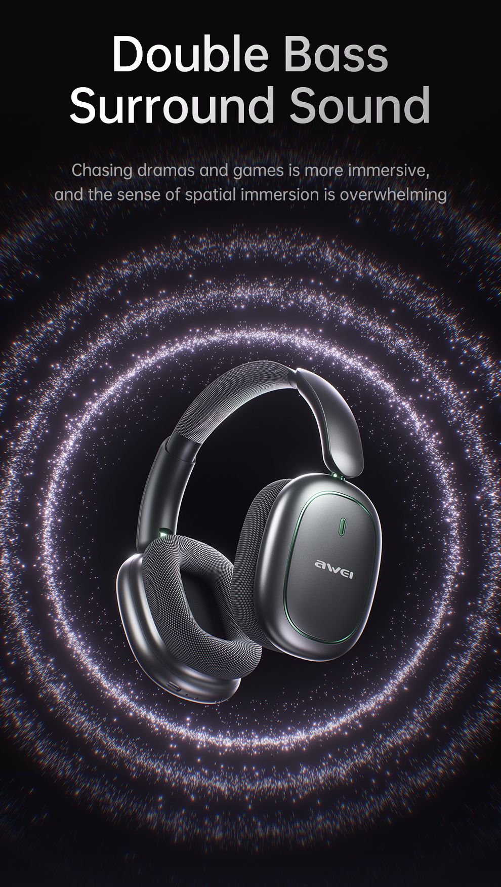 AWEI AT16 Foldable Over‑Ear Wireless Headphones，black