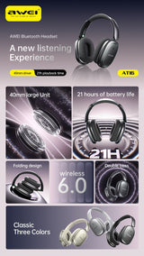 AWEI AT16 Foldable Over‑Ear Wireless Headphones，black