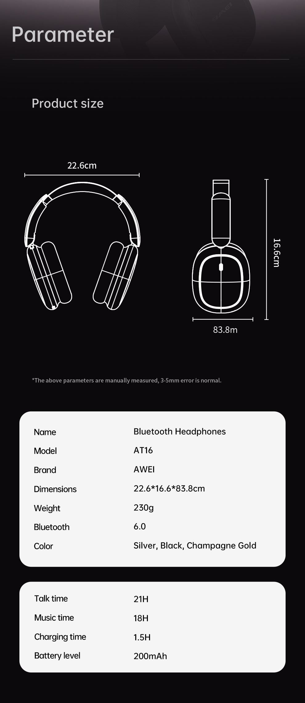 AWEI AT16 Foldable Over‑Ear Wireless Headphones，black