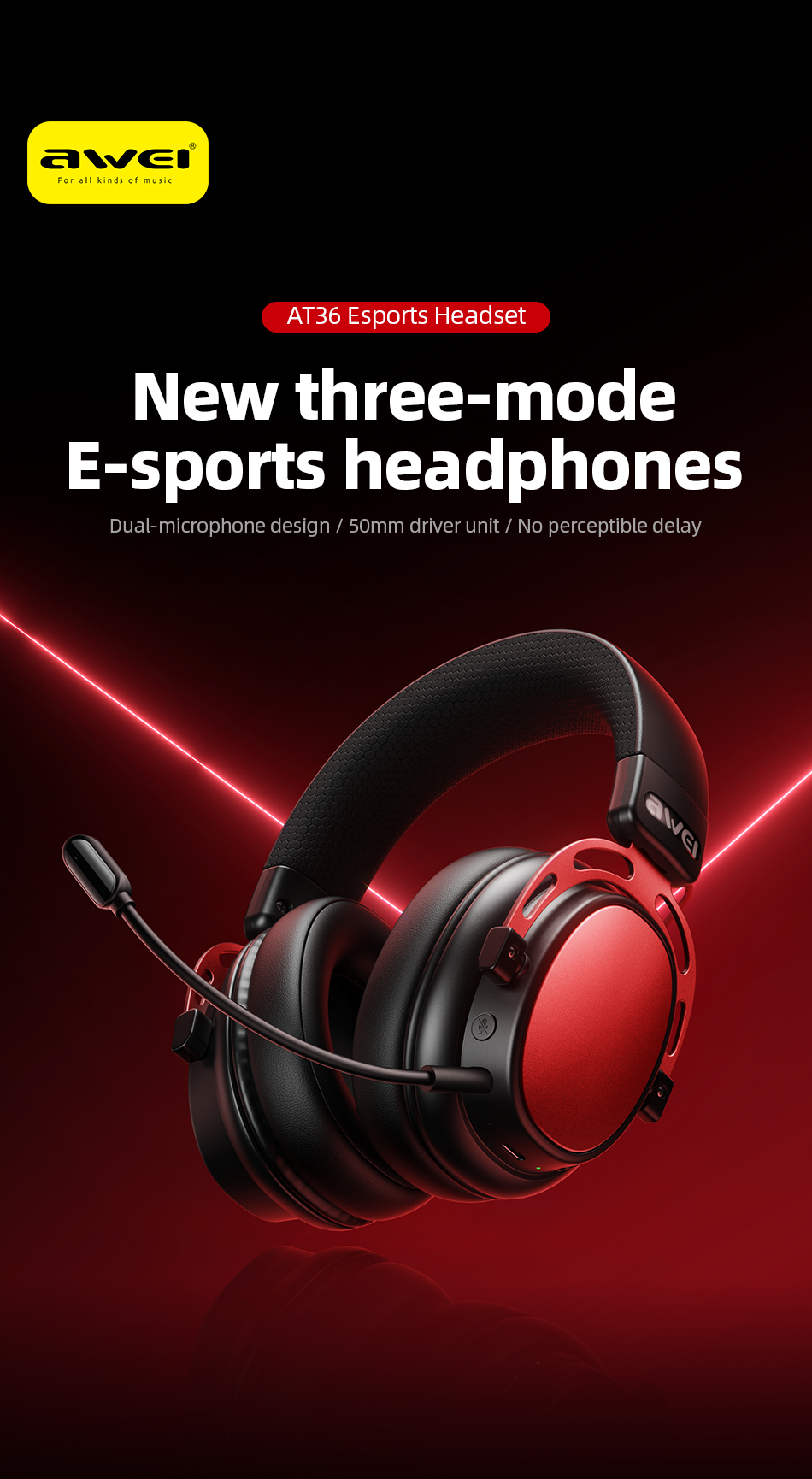 AWEI AT36 Tri‑Mode Wireless Gaming Headset, Low‑Latency 2.4G Bluetooth，black