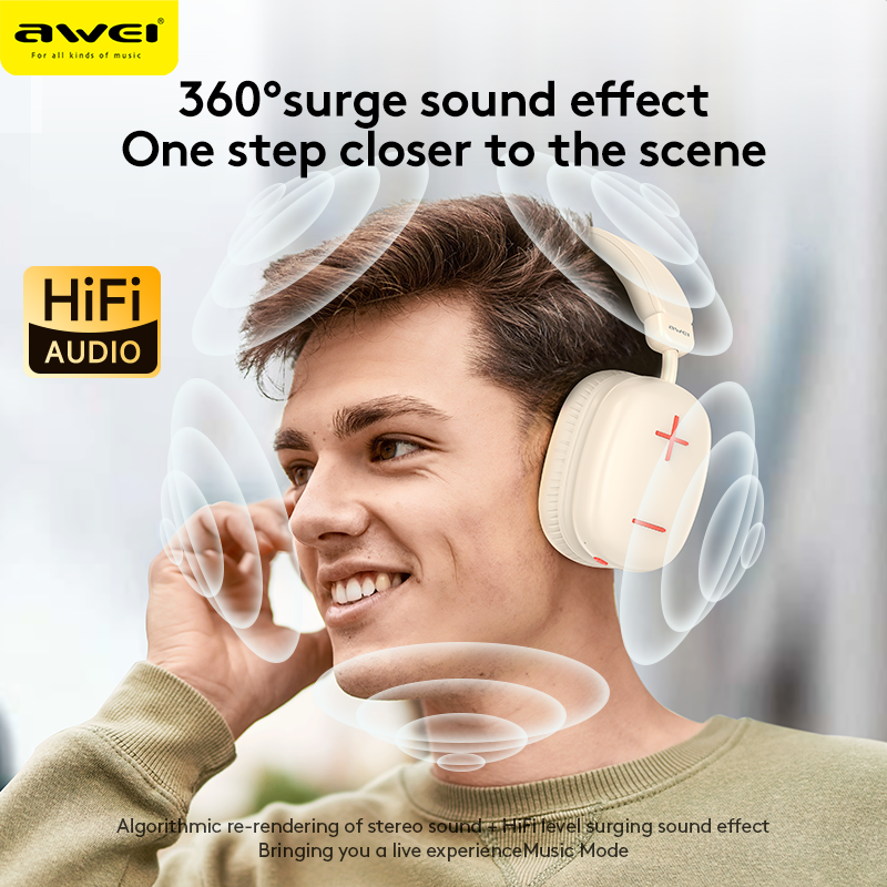 AWEI AT6 Wireless Bluetooth Over‑Ear Headphones, 40mm Driver Stereo Headset, black
