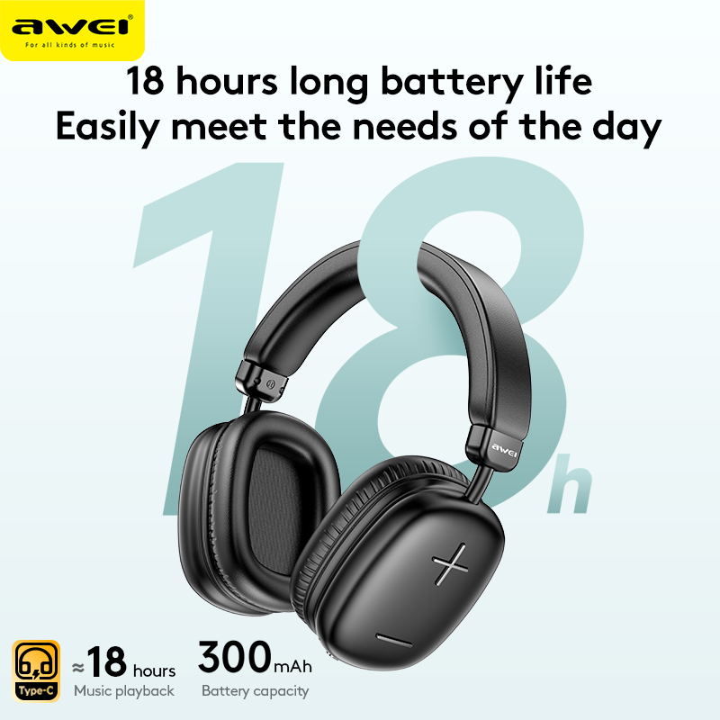 AWEI AT6 Wireless Bluetooth Over‑Ear Headphones, 40mm Driver Stereo Headset, black