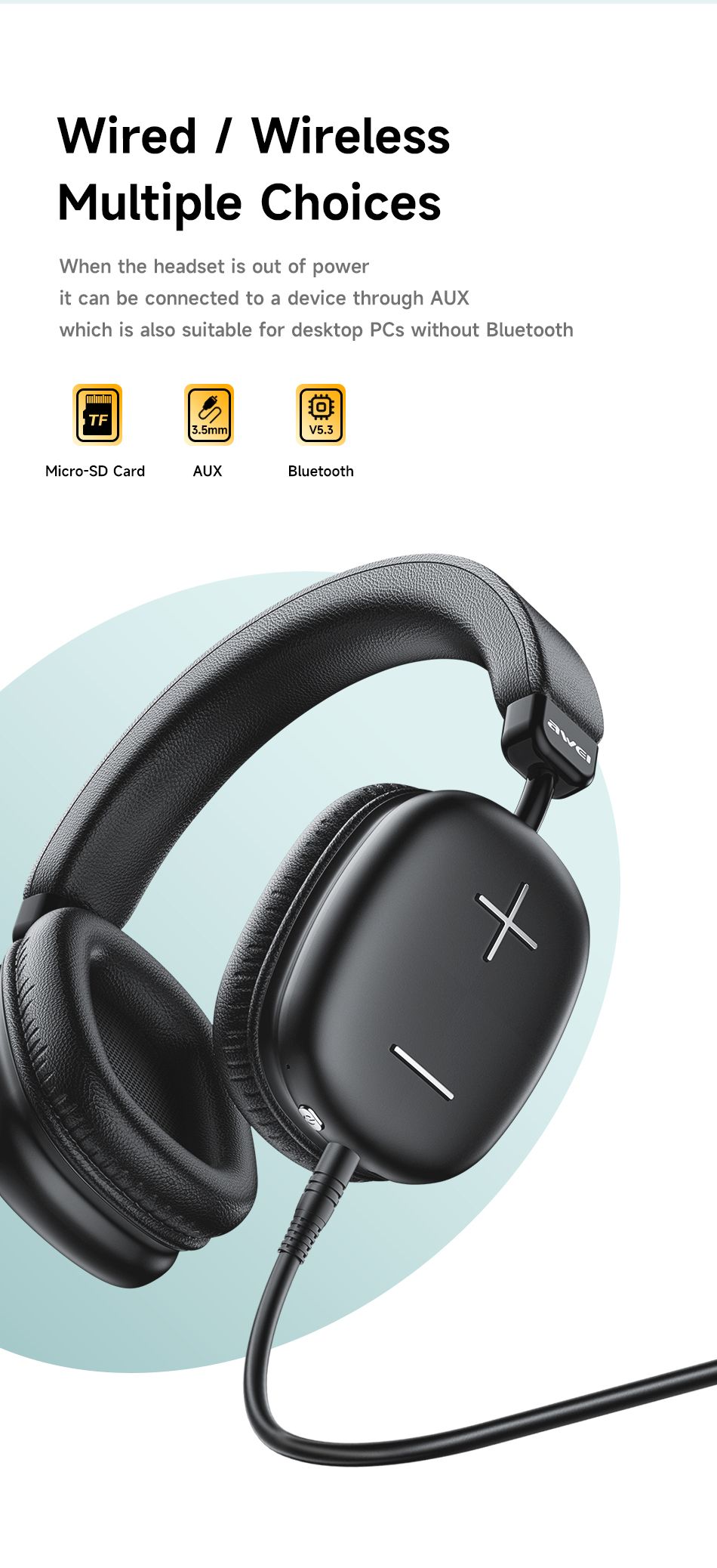 AWEI AT6 Wireless Bluetooth Over‑Ear Headphones, 40mm Driver Stereo Headset, black
