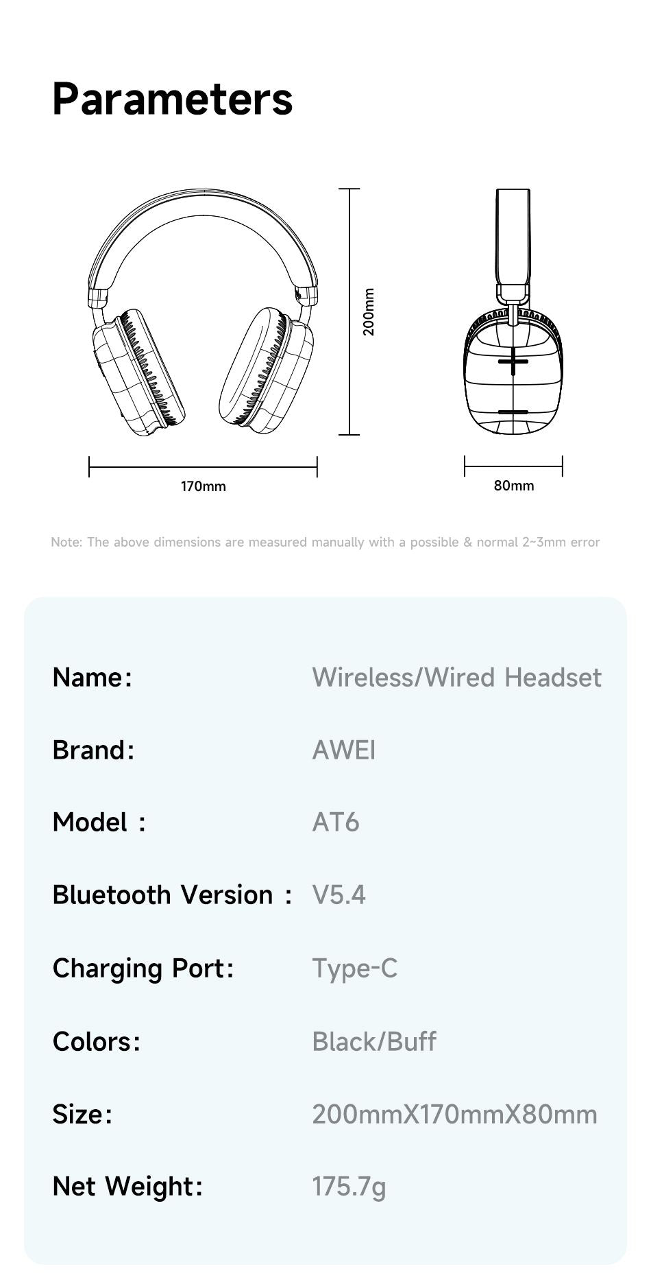 AWEI AT6 Wireless Bluetooth Over‑Ear Headphones, 40mm Driver Stereo Headset, black