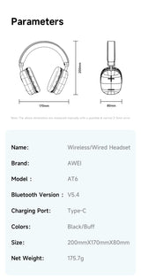 AWEI AT6 Wireless Bluetooth Over‑Ear Headphones, 40mm Driver Stereo Headset, black