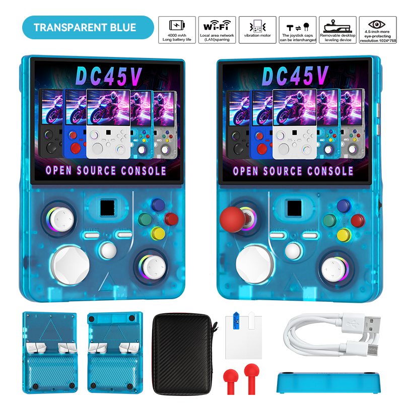 DC45V Retro Handheld Game Console, 4.5‑Inch HD IPS Full View Screen，transparent blue