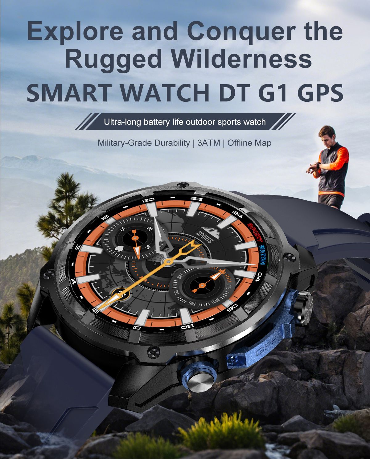 DTG1 GPS Smart Watch, AMOLED Touchscreen, 860mAh Battery, 3ATM Waterproof, Bluetooth Call,Blue