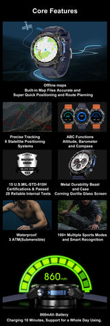 DTG1 GPS Smart Watch, AMOLED Touchscreen, 860mAh Battery, 3ATM Waterproof, Bluetooth Call,Blue - 45-Degree Angle