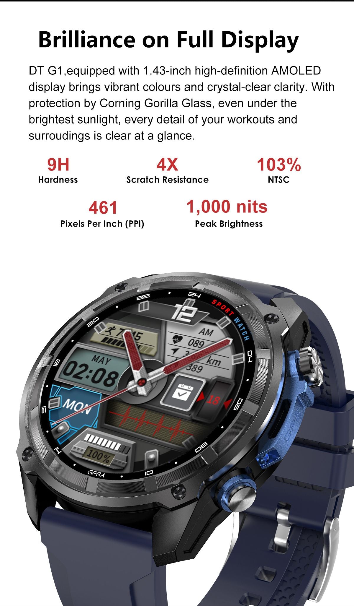 DTG1 GPS Smart Watch, AMOLED Touchscreen, 860mAh Battery, 3ATM Waterproof, Bluetooth Call,Orange