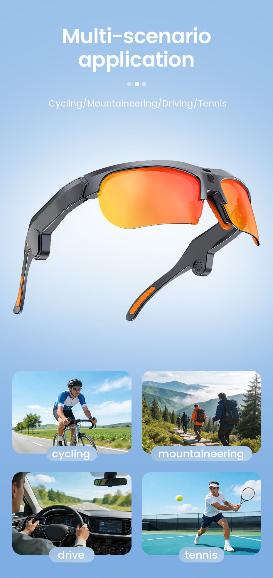E08 Smart Bluetooth Cycling Sunglasses with Camera, UV400 Outdoor Sports Glasses，orange