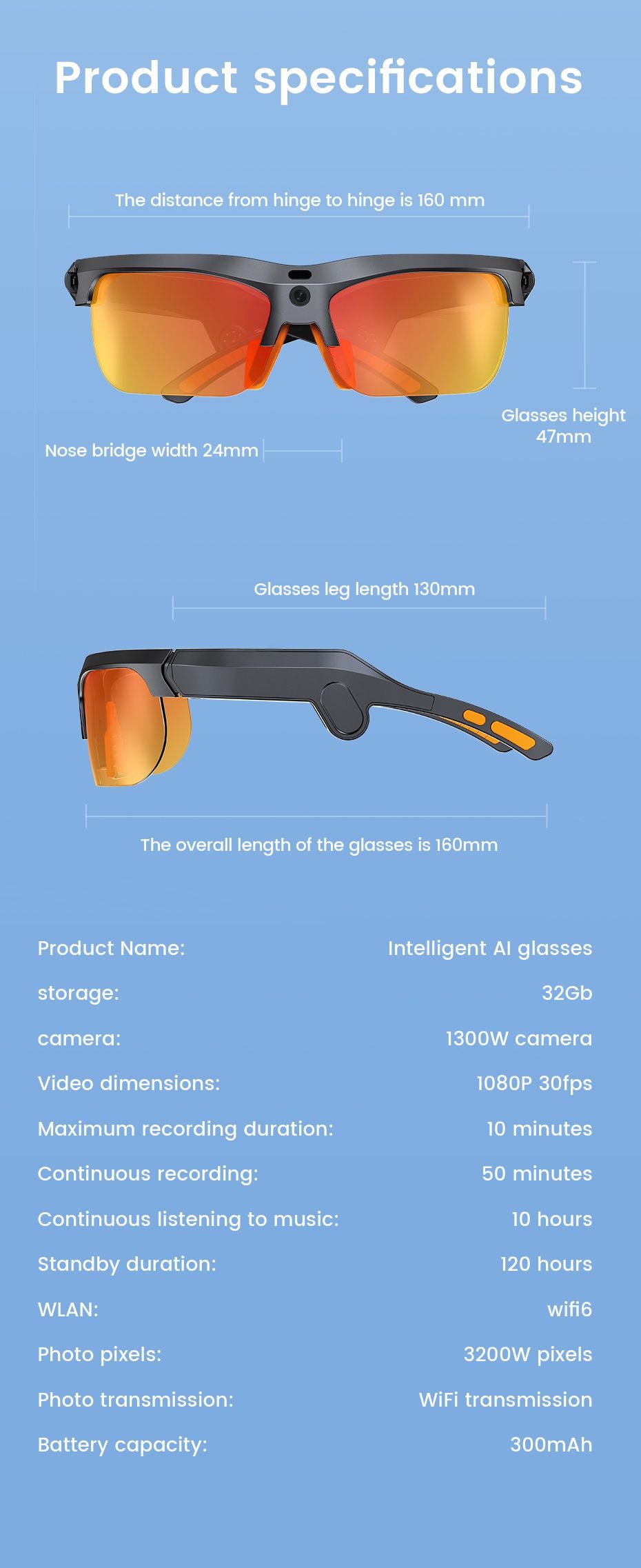 E08 Smart Bluetooth Cycling Sunglasses with Camera, UV400 Outdoor Sports Glasses，orange