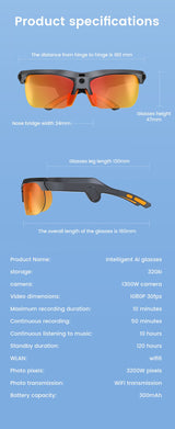 E08 Smart Bluetooth Cycling Sunglasses with Camera, UV400 Outdoor Sports Glasses，orange