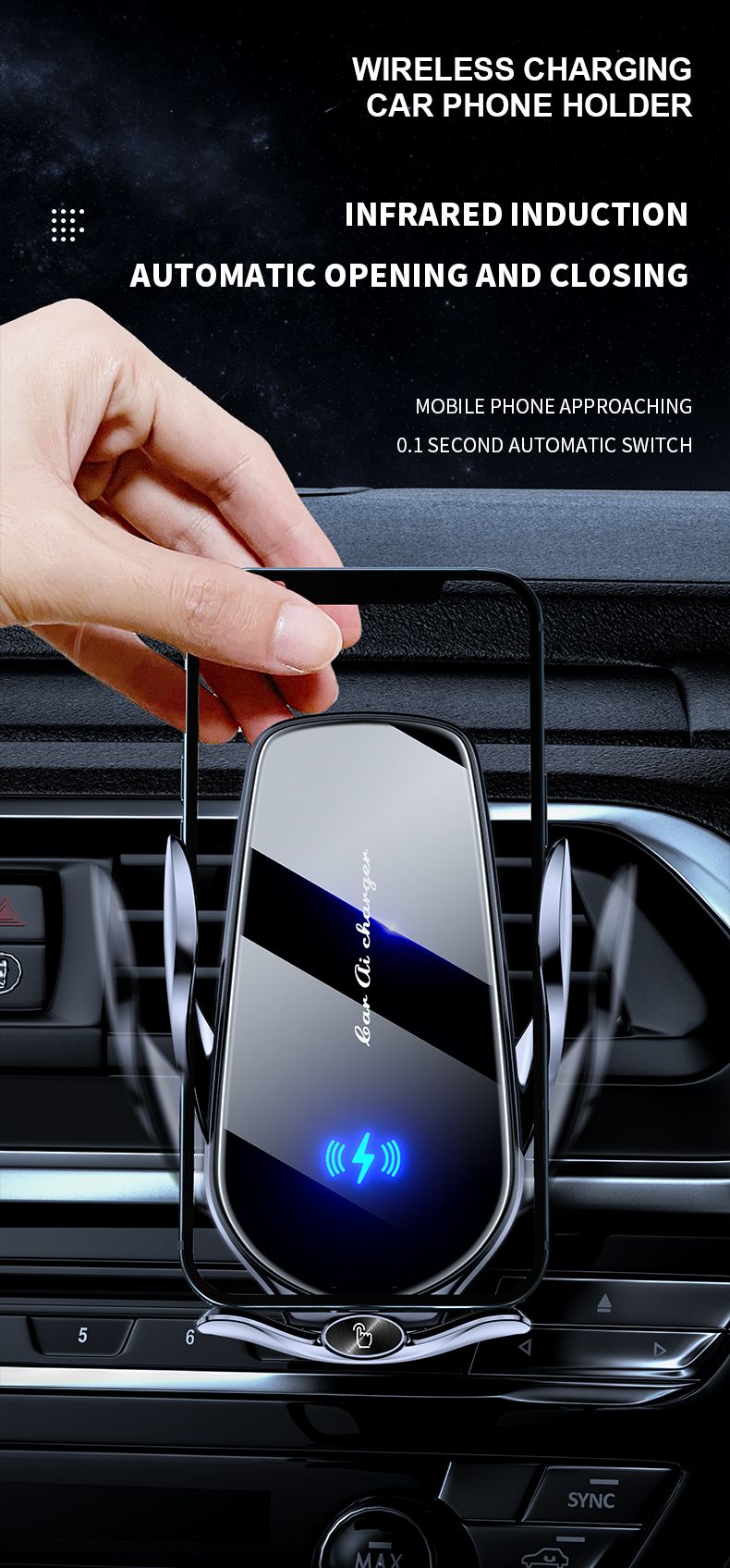 FJ22 Auto Clamping Wireless Car Charger Mount Infrared Air Vent Phone Holder，blue