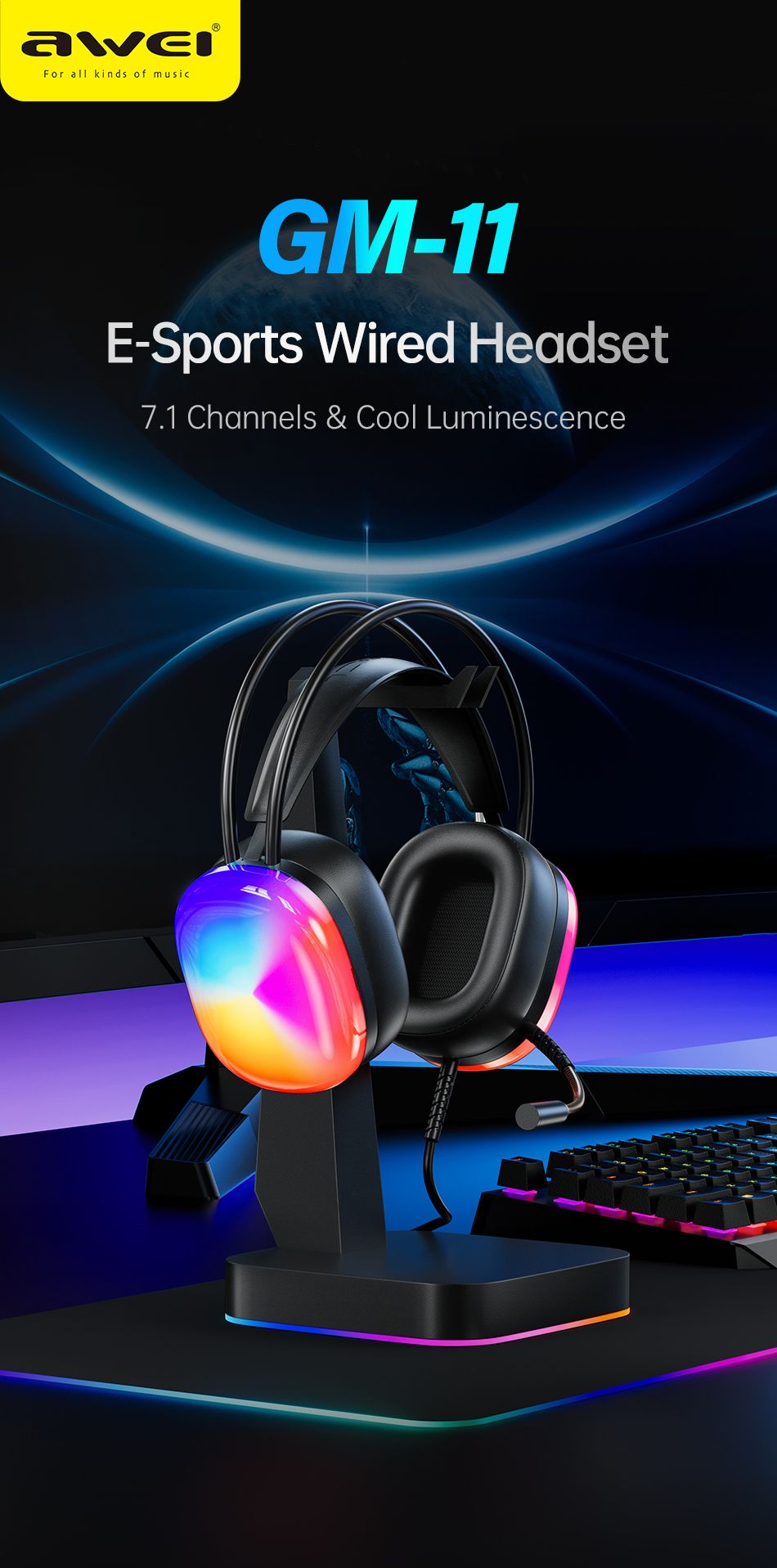 AWEI GM11 Wired Gaming Over‑Ear Headset, 50mm Driver 7.1 Surround Sound, USB & 3.5mm Jack,white