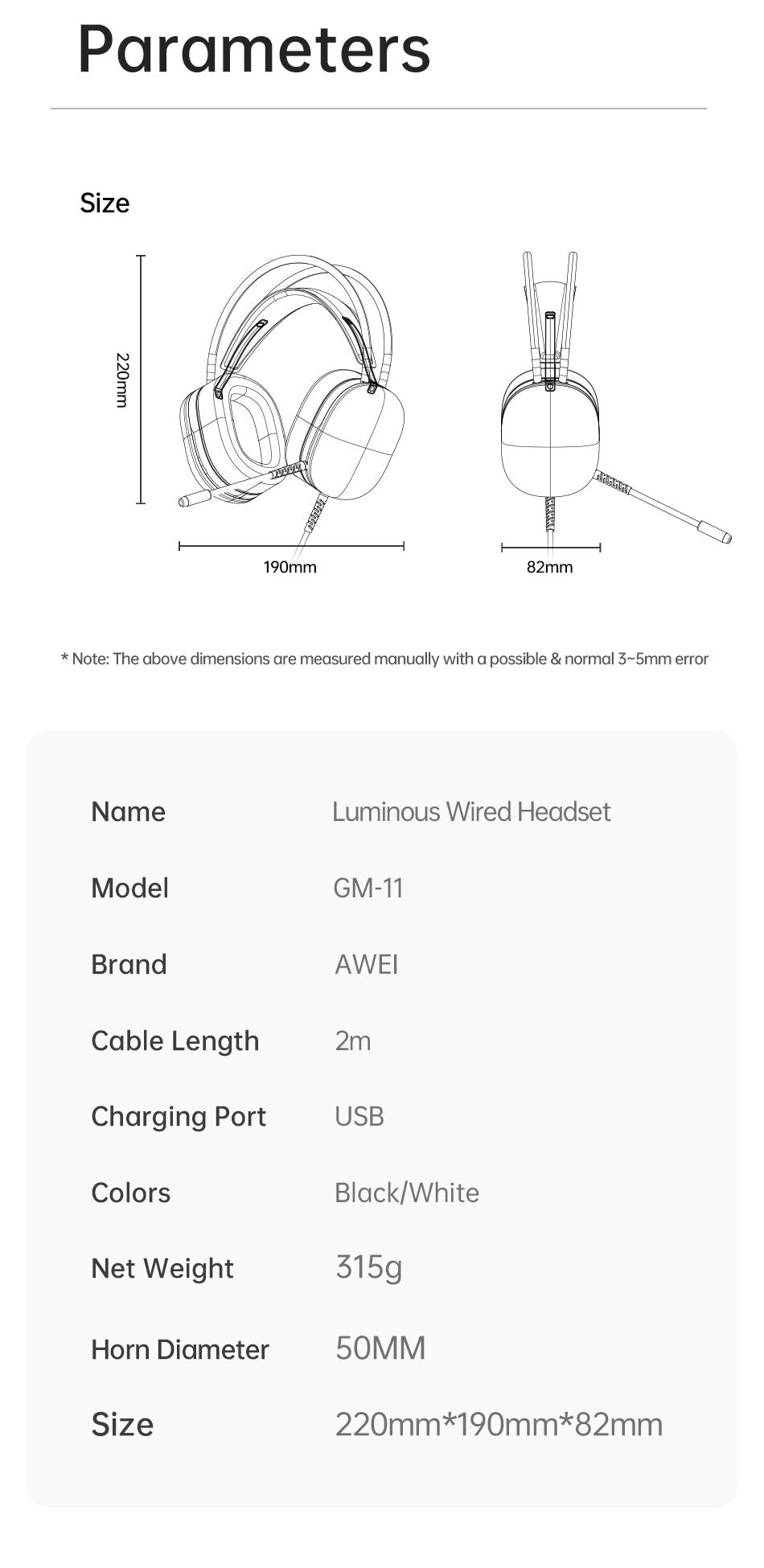 AWEI GM11 Wired Gaming Over‑Ear Headset, 50mm Driver 7.1 Surround Sound, USB & 3.5mm Jack,white