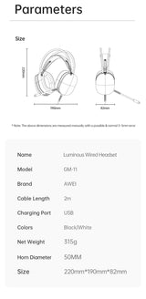 AWEI GM11 Wired Gaming Over‑Ear Headset, 50mm Driver 7.1 Surround Sound, USB & 3.5mm Jack,white