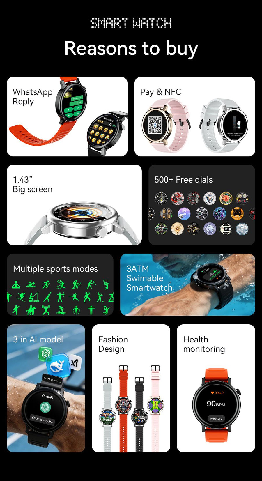 GTR15 Bluetooth Call Smart Watch 1.43 Inch Screen Waterproof Fitness Tracker，black