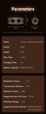 AWEI KA12 60W Outdoor Wireless Bluetooth Speaker,black - Extra Image