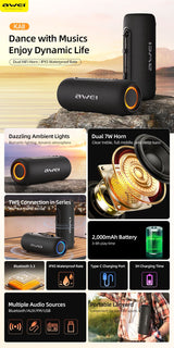 AWEI KA8 Waterproof Bluetooth Portable Speaker, TWS Wireless Stereo,black - 45-Degree Angle