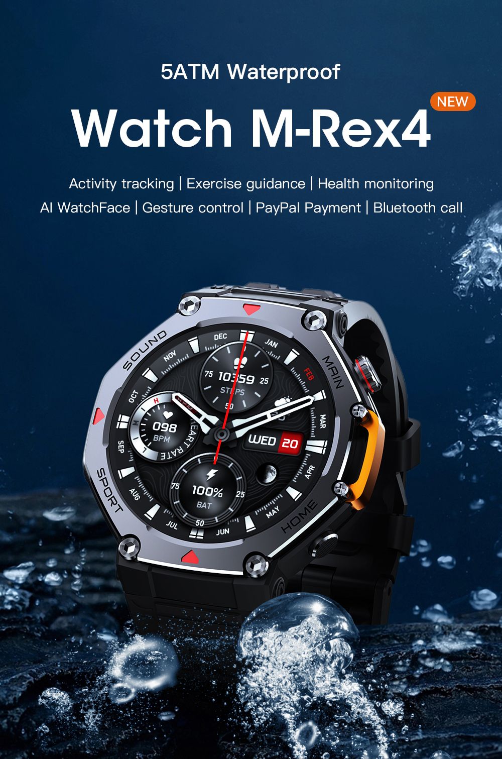 M-Rex4 Men Rugged GPS Smart Watch, 5ATM Waterproof Bluetooth Call Fitness Tracker Heart Rate Sleep Monitor，green