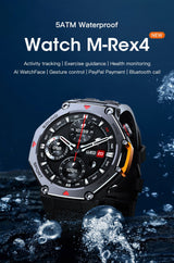 M-Rex4 Men Rugged GPS Smart Watch, 5ATM Waterproof Bluetooth Call Fitness Tracker Heart Rate Sleep Monitor，Orange Red - 45-Degree Angle