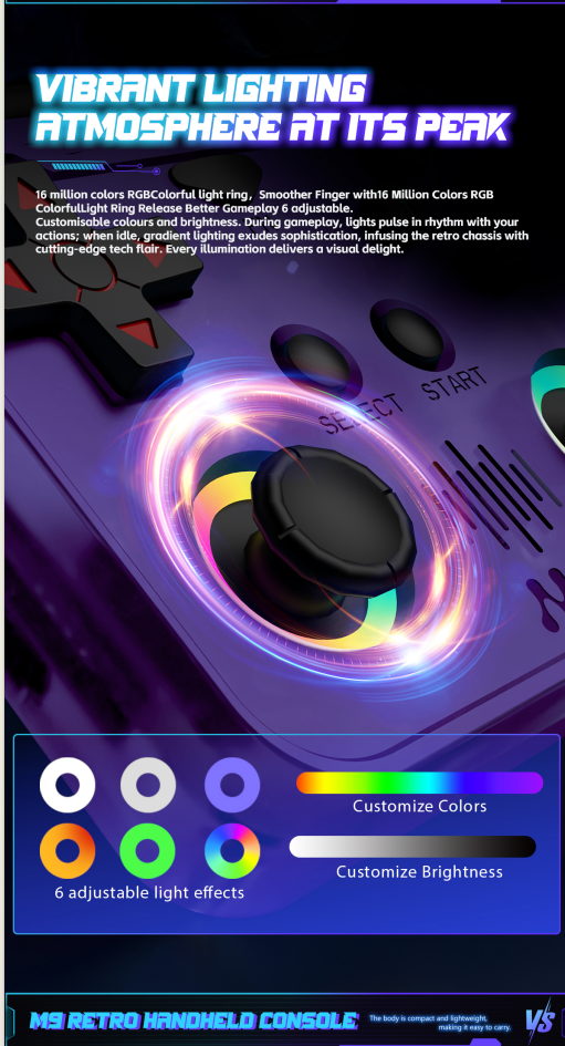 M9 Pocket Retro Video Game Handheld Console with Colorful RGB Light Joystick，purple