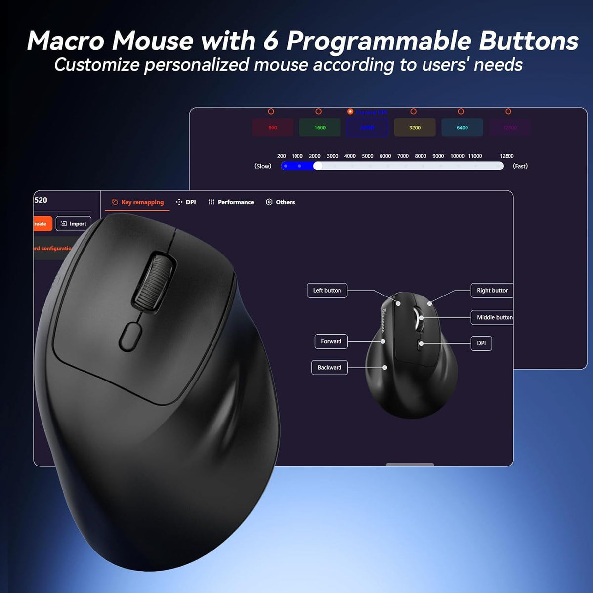 SOLAKAKA SM520 Tri-Mode Vertical Ergonomic Mouse, 24000 DPI Programmable Wireless Vertical Mouse，black