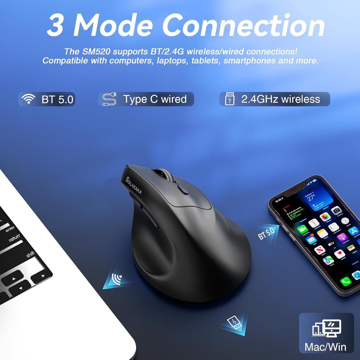 SOLAKAKA SM520 Tri-Mode Vertical Ergonomic Mouse, 24000 DPI Programmable Wireless Vertical Mouse，black